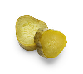 Tasty fermented cucumber pieces on white background