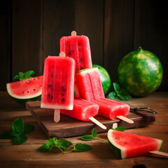 Watermelon popsicle yummy fresh summer fruit sweet dessert on vintage old wood created with Generative AI technology.