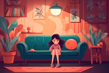 una nina triste e insegura sentada en el sofa