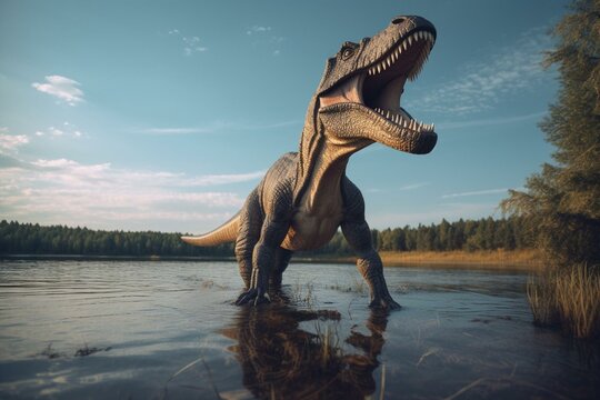 Dinosaurs roam at the lake. 3D view. Generative AI