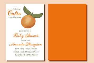 Little Cutie Citrus Themed Orange Baby Shower Invitation with fruit for summer party. Use it also for banners, thank you cards, posters and other decor for your celebration