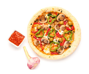 Vegetable pizza with sauce on white background