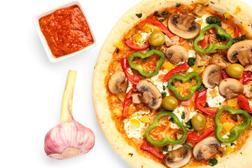 Vegetable pizza with sauce on white background