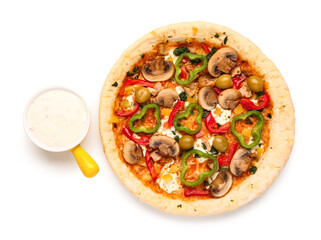 Vegetable pizza with sauce on white background