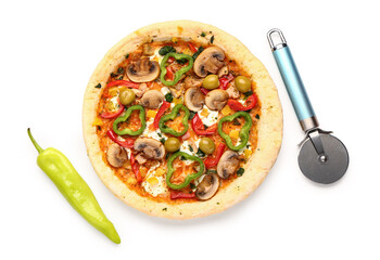 Vegetable pizza with cutter on white background