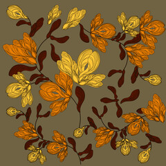 Autumn patterns of Norway maple lionfish. Textile motif in golden shades