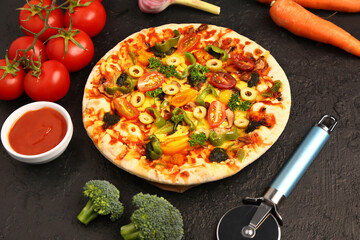 Vegetable pizza with ingredients and cutter on dark background