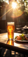 glass of beer and food bbq on exterior with sun, generative ai