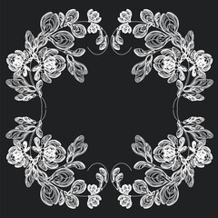 Beautiful white horizontal composition of maple branch on a black background. Ethnic floral motif made from natural elements.  