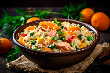Rice with vegetables and smoked salmon on a dark background. Generative AI