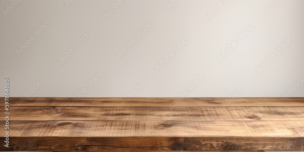 Poster a blank empty wooden table top for product placement. generative ai