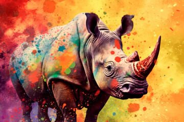 White rhinoceros on colorful watercolor background. Generative AI