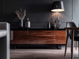 A wooden sideboard with a high-gloss finish, serving as a statement piece in a modern dining room