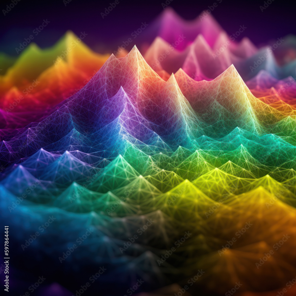Poster gradient rainbow colored topographic grid terrain with hills and mountains. ai generative illustrati