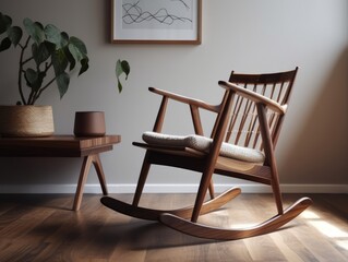 A wooden rocking chair with a sleek and modern design, perfect for a minimalist nursery or living room - obrazy, fototapety, plakaty