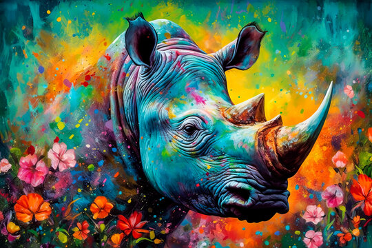 Beautiful rhinoceros on abstract colorful background. . Generative AI