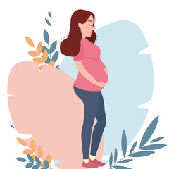 Obraz na płótnie Canvas Vector illustration of a pregnant woman on a background of leaves. Postcard and banner template for printing.