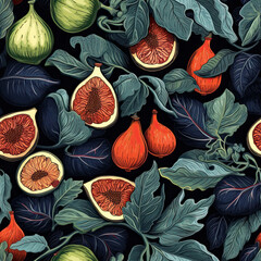 Floral seamless pattern of blue figs fruit and leaves. AI generated watercolor illustration digital art. Fabric print, decoration, wall art, printable. AI generated Image on the black background.