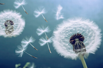 The white fluffy seeds of a dandelion flower gently float and drift through the air against a beautiful blue background, carried by the wind and dispersing across the landscape.