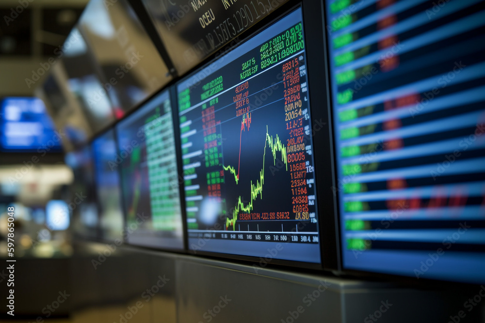 Poster financial analysis graph chart stock exchange bitcoin cryptocurrency report on computer screen monit