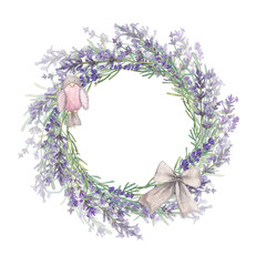 Round frame of Provencal lavender flowers with decorations. Watercolor illustration of purple flowers. Botanical plants. A wreath with a place for the text. Suitable for postcard, leaflets, pack