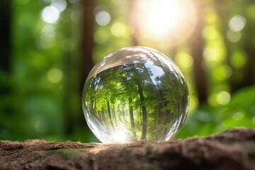 A glass globe nestled in the midst of a verdant forest with a radiant sun shining through, depicting the significance of preserving the environment and promoting sustainable practices in the corporate