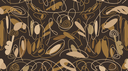 Seamless coffee pattern with organic abstract elements. Hand drawn abstract colored doodles, curved strokes.