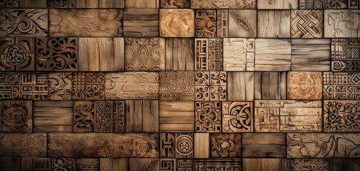Wooden Tiles - A Textured Wall of Symbolic Carvings - Generative AI