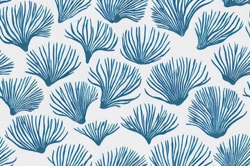 Blue scallop seaweed block print on a soft white linen texture background. bright summer cloth fabric. Fresh coastal cottage beach decor. marine kelp hand drawn linocut. Generative AI