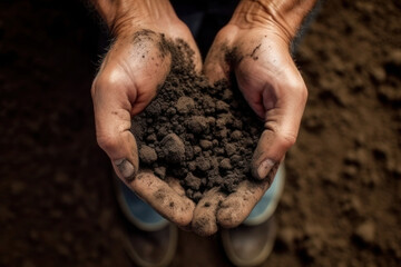 A top view shows soil being held in hands to check its quality before planting seeds, reflecting the use of modern technologies and smart farming in agriculture.