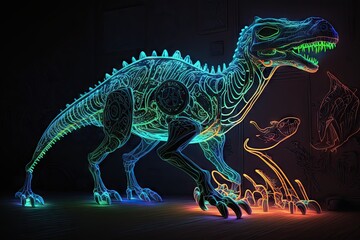 Emergence from Prehistoric Depths – An Illuminating Neon Dinosaur. Generative AI