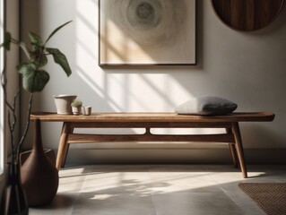 A wooden bench with a sculptural and contemporary design, placed in a hallway or foyer
