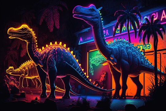 Electric Horizon - Dancing the Night Away among Neon Dinosaurs. Generative AI