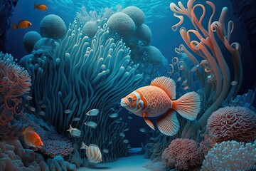 Naklejka na ściany i meble Fantastic Tales of Corals and Creatures: An Exotic Kingdom. Generative AI