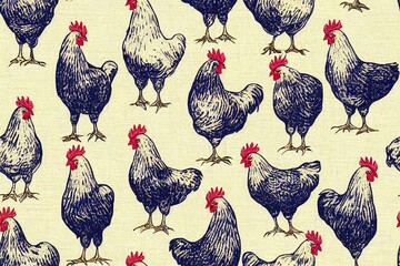 Farmhouse blue chicken hen linen seamless pattern. Tonal french country cottage style farm. Simple vintage rustic fabric textile effect. Stylised nature shabby chic kitchen cloth. Generative AI