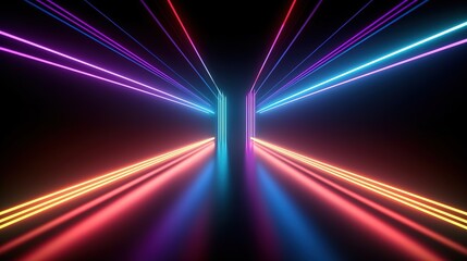 Abstract background of colorful neon tunnel / portal glowing in the dark. Modern simple wallpaper, render 3D. Generative AI. 