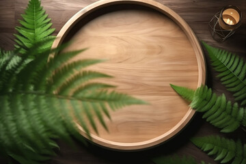 Obraz na płótnie Canvas minimal round wooden tray plate on wood plank, generative ai