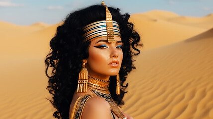 Beautiful girl goddess Cleopatra lies on the yellow sand, Art Pharaoh Costume, Gold Accessory, egyptian makeup , generative ai tools 