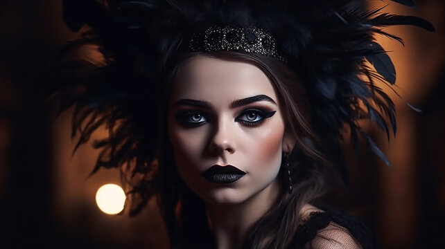 Beauty Gothic young woman portrait, girl with black lips and smokey eyes make-up, in goth costume with black feathers. Fantasy, Halloween party, generative ai tools 