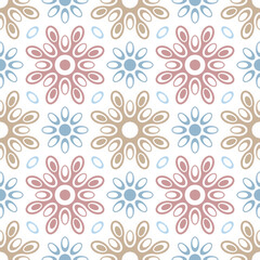 Fototapeta na wymiar Seamless floral pattern with abstract geometric pink, blue, and brown flowers on a white background. Elegant and feminine retro style. Decorative vector image for textile, packaging, and wrapping.