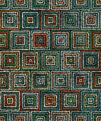 Geometric striped seamless pattern with concentric squares. Irregular jagged edges. Abstract ethnic design with green, orange, and gray lines on a black background. Retro style. Vector image.