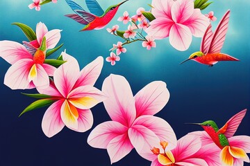 Summer, spring bright sunny background, a hummingbird bird flies, branches of a tree blooming with red, pink, white, tropical flowers, sky. Generative AI