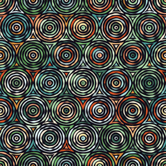 Geometric composition of multicolored concentric circle. Ethnic design with irregular jagged edges on a black background. Hand drawing style. Graphic textile texture.  Seamless vector pattern.