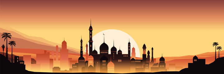 Night city buildings. Mosque and house silhouettes. Old arabian cityscape. Sunset town scenery. Sundown mountains. Arab evening. Scenic sky. Vector urban panorama background illustration - obrazy, fototapety, plakaty