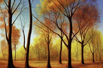 Naklejka na ściany i meble Trees nature colours autumn forest or park. Generative AI