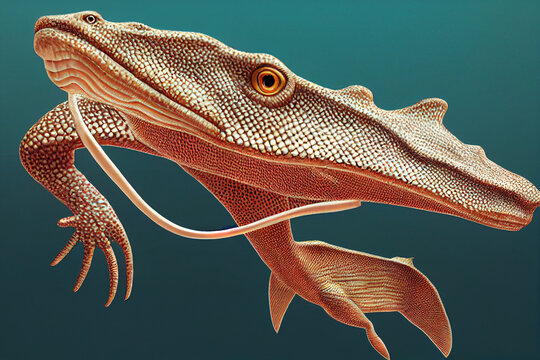 Tiktaalik, extinct transitional species between fish and legged animals. Generative AI
