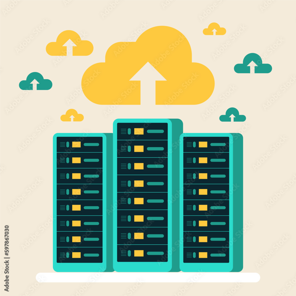 Aufkleber hosting, cloud storage download flat vector illustration. big data. digital service or app with data