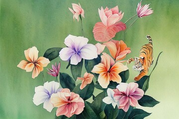 Watercolor cute tiger and floral tropical bouquets. Generative AI