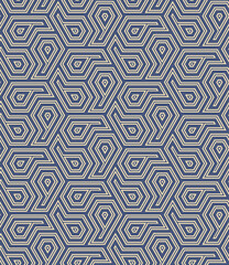 Seamless repeating geometric pattern. Concentric hexagon shapes in blue and white. Modern stylish texture. Decorative monochrome illustration for textile, wrapping paper, continuous print, and web.