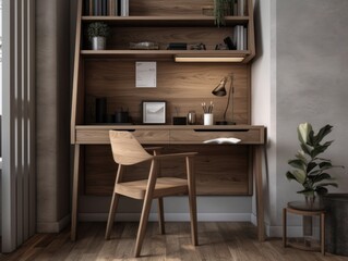 Fototapeta na wymiar A wooden desk with a built-in shelf and drawer, perfect for a modern home office